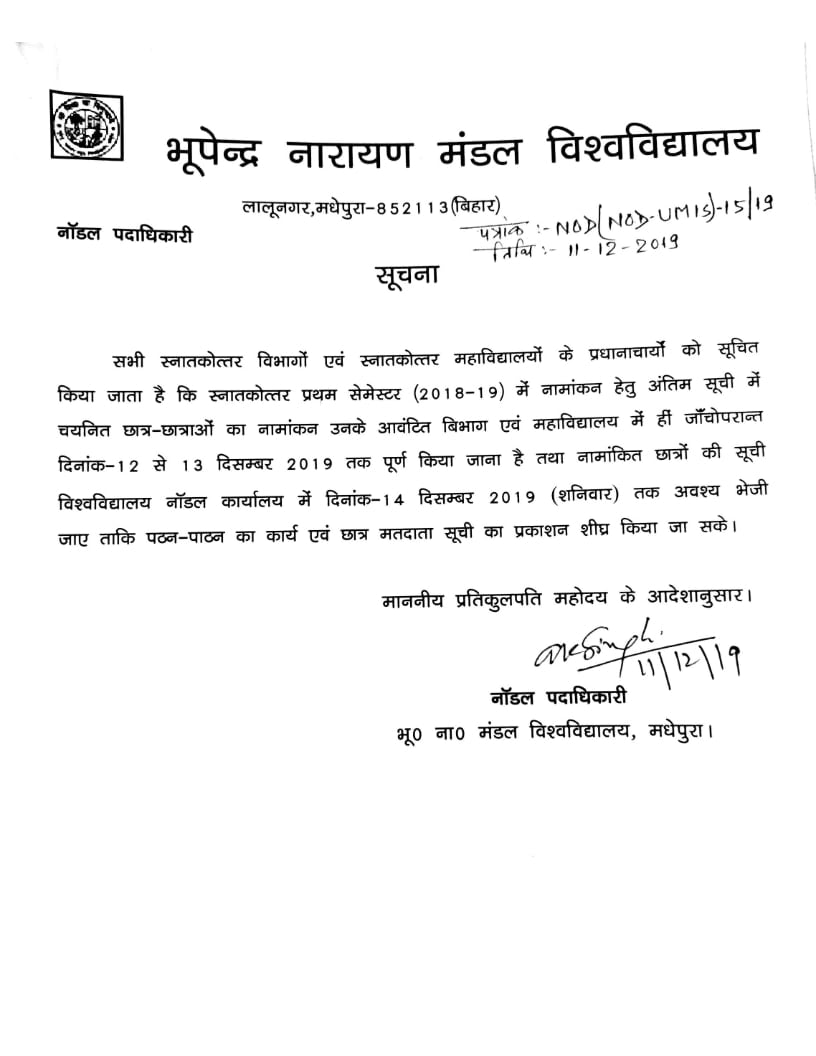 PG Admission Notification 2019
